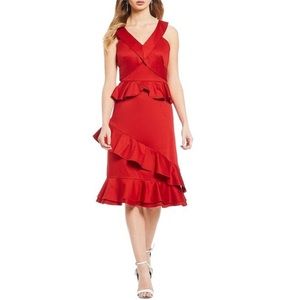 Gianni Bini Red Ruffled V-Neck Peplum Midi Dress